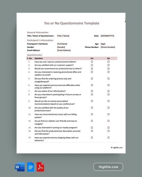 Yes or No Questionnaire Template - Word | PDF | Google Docs - Highfile Questionnaire Template, Technical Difficulties, Template Word, Yes Or No, Google Docs, Have You Ever, Phone Numbers, Alphabet, Architecture