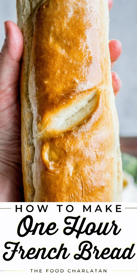 One Hour French Bread from The Food Charlatan. This delicious yeasty French bread recipe has only one 20-minute rise before going into a screaming hot oven for another 20 minutes. At the end you have golden crusty goodness just waiting to be slathered in butter or dipped in oil and balsamic! One hour, I promise!! #french #bread #homemade #easy #ideas #baguette #quick Bread Homemade Easy, Easy French Bread Recipe, Baguette Recipe, The Food Charlatan, French Bread Recipe, Homemade Bread Recipes Easy, Bread Homemade, Artisan Bread Recipes, Food Charlatan