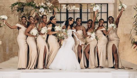 Champagne And Green Bridal Party, Black Women Bridal Party, Black And Champagne Bridesmaid Dresses, Champagne Bridesmaid Dresses Black Women, Brown Bridal Party, Champagne Bridesmaid Dresses With Grooms, Neutral Bridal Party, Bridesmaid Aesthetic, Beige Wedding Theme