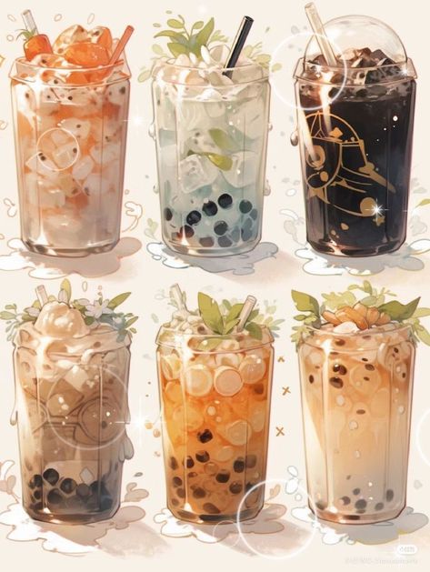 Anime Drinks Aesthetic, Boba Drawing, Boba Art, Aesthetic Food Art, Anime Cafe, Types Of Drinks, Drink Art, 귀여운 음식 그림, Food Drawings