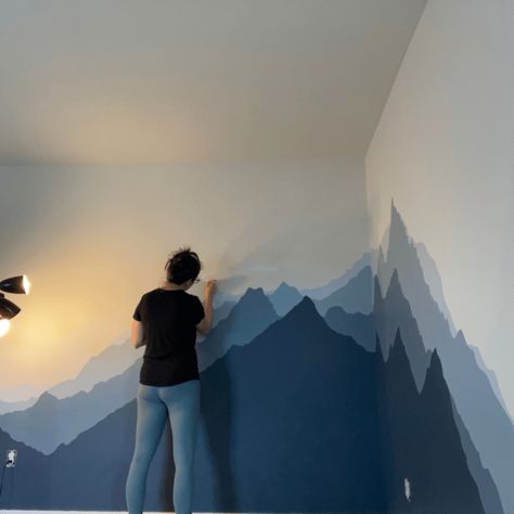 Night Sky Tutorial, Diy Mountain Mural, Mountain Wall Painting, Sky Tutorial, Mountain Bedroom, Boys Room Mural, Watercolor Night Sky, Mountain Wall Mural, Wall Murals Diy