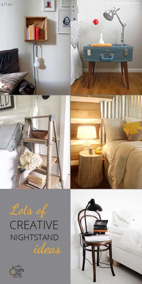 A collection of creative nightstand ideas that are affordable and can fit awkward spaces. #diynightstands #creativenightstands #diyhomedecor #bedroomdecor #upcycle Diy Nightstand Ideas Cheap, Night Stand Ideas Diy, Nightstand Ideas Diy, Creative Nightstand Ideas, Nightstands Ideas Bedside Tables, Unique Nightstand Ideas, Creative Nightstand, Nightstand Alternative, Alternative Bedroom