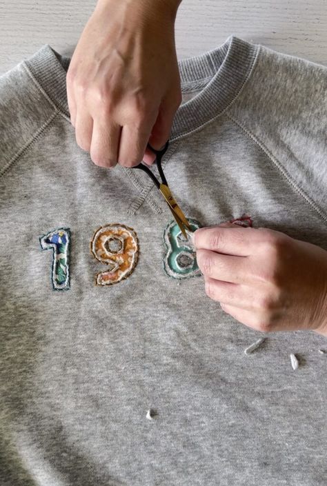 Embellished Clothing Diy, Diy Felt Letter Sweatshirt, Diy Reverse Applique, Diy Oversized Sweatshirt, Diy Mom Sweatshirt, Felt Applique Sweatshirt, Embroidery Applique By Hand, Two Sweatshirts Sewn Together, Sweatshirt Embellishment Ideas