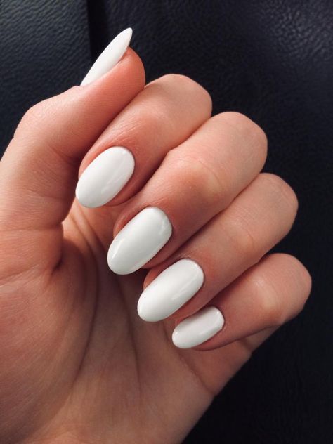 White Oval Nails Round White Nails Acrylic, Short White Acrylic Nails Oval, Oval Nails Designs White, White Oval Nails Short, Solid White Almond Nails, White Oval Nails Acrylic, Short White Round Nails, White Acrylic Nails Round, Short White Almond Acrylic Nails