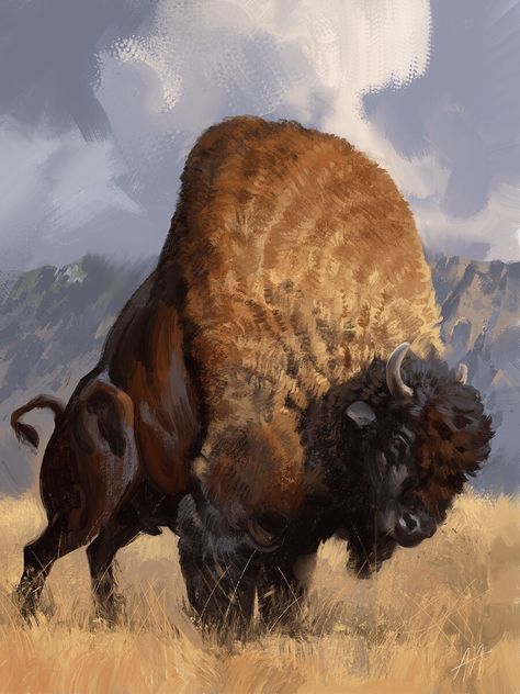 ArtStation - Bison, Alex Alexandrov Bison Art, Traditional Paintings, Creature Art, Animal Design, Character Design Inspiration, Painting Techniques, Animal Kingdom, Digital Painting, Animal Art