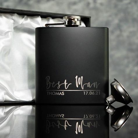 Groomsmen, Groomsman, Best Man, Wedding Gift, Matt Black Hip Flask 6oz & Funnel With Black Gift BoxThe front is laser engraved with a recipient Name, role, a date can also be added making a great gift for the groomsmen. For other Hip Flask designs and Groomsmen Gift ideas Please click the link below which will take you to our Groomsmen Gift page.https://www.etsy.com/uk/shop/GiftsbyKellyH?ref=seller-platform-mcnav&section_id=26045383Please make sure you are aware of the options available:Options: Engagement Boxes, Groomsman Ideas, Groomsmen Proposals, Groomsmen Gift Ideas, Groomsman Proposal Box, Groomsmen Gifts Flask, Groomsmen Ideas, Flask Design, Usher Gifts