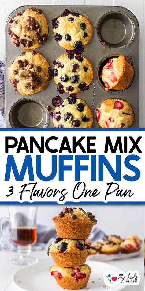 How To Make Muffins With Pancake Mix- Make more then one flavor of muffin all in the same pan with these super easy muffins. Use pancake mix as a base to make all different delicious flavors of muffins including banana chocolate, blueberry and strawberry! Perfect for breakfast or a snack. Strawberry Pancake Bites, Pancake Mix In Muffin Tin, Easy Pancake Muffins Breakfast, Pancakes In Muffin Tin Breakfast, What Can I Make With Pancake Mix Besides Pancakes, Oven Pancake Recipe Muffin Tins, Strawberry Pancake Muffins, Pancake Mix Into Muffins, Baked Pancake Muffins