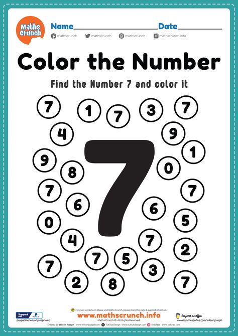 Pre k math worksheets number 7 coloring maths | Maths Crunch Activities For Kindergarten Children, Pre K Math Worksheets, Coloring Preschool, Learning Numbers Preschool, Number Worksheets Kindergarten, Pre K Worksheets, Preschool Number Worksheets, Numbers Worksheets, Preschool Math Worksheets