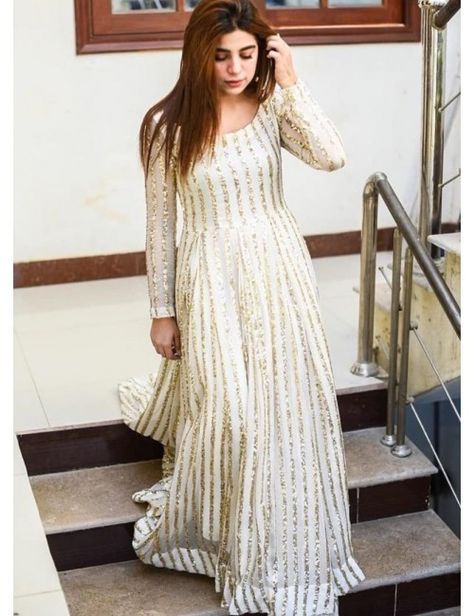 White georgette sequence work gown White Long Frocks Indian, Sequin Frocks For Women, White Frocks For Women Pakistani, Sequin Suits Indian, White Long Frocks For Women, White Long Dress Indian Style, Sequin Dress Indian, Long Anarkali Gown Indian, Anarkali Gown Floor Length