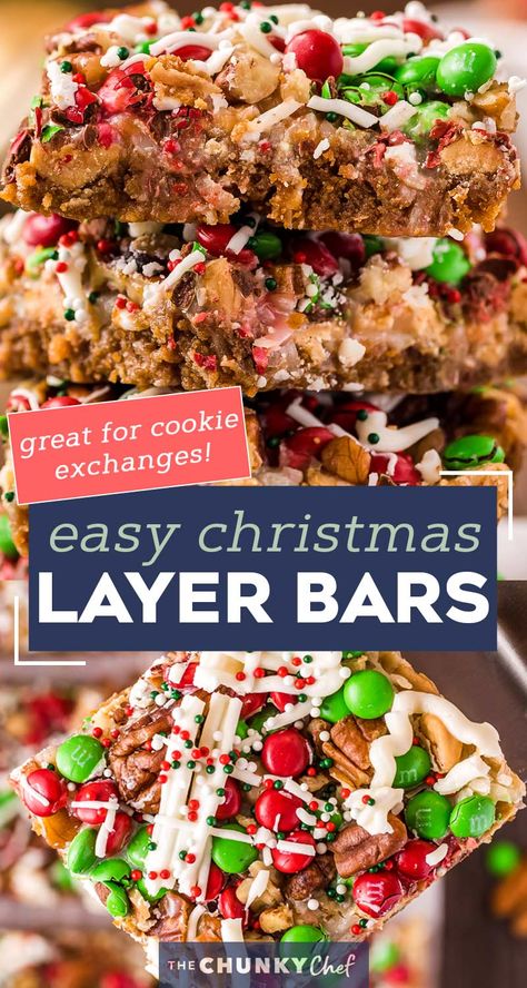 These easy Christmas 7 Layer Bars are great to make for the holidays!  Literally layer upon layer of deliciousness, this classic dessert goes by many names, such as magic cookie bars, hello dolly bars, etc... but no matter what you call them, they'll be a crowd-pleasing dessert! #7layerbars #magiccookiebars #hellodolly #kitchensink #sevenlayerbars #cookiebars #dessert #baking #holiday #christmas Christmas Dessert Tray, 7 Layer Cookies, Dolly Bars, Red Velvet Cake Mix Cookies, Hello Dolly Bars, Seven Layer Bars, 7 Layer Bars, The Chunky Chef, Chunky Chef