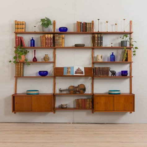 Cabinets With Sliding Doors, Mid Century Shelving, Wall Storage System, Mid Century Modern Shelves, Mid Century Wall Unit, Teak Wall Unit, Office And Guest Room, Mcm Living, Mid Century Storage