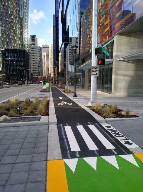 Latest segment of 7th Ave bike lane opens in Denny Triangle | Seattle Bike Blog Bike Path Design, Bike Lane Design, Bike Infrastructure, Road Island, Streetscape Design, Urban Intervention, Trail Design, Path Design, Bike Lane