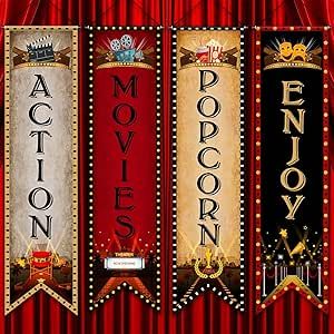 Movie Theme Party Decorations, Night Decoration, Theater Popcorn, Vintage Theater, Porch Sign, Action Movies, Movie Night, Popcorn, Theater