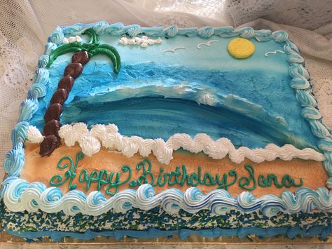 Tropical Beach Scene Cake - Mueller's Bakery Beach Theme Sheet Cakes Birthday, Beach Cookie Cake, Beach Sheet Cake, Beach Bakery, Swimming Cake, Dq Cake, Beach Birthday Cake, 75 Birthday, Wave Cake