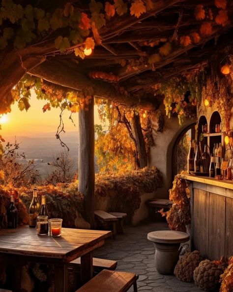 #tavern #pub #autumn #leaves #cosy #view Tavern Core Aesthetic, Tavern Aesthetic Medieval, Medieval Tavern Aesthetic, Fantasy Tavern Aesthetic, Tavern Aesthetic, Cozy Tavern, Fantasy Tavern, Cafe Background, Fantasy Architecture