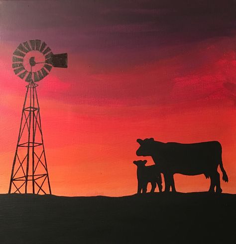 How To Paint A Western Scene, East Western Painting Ideas, Western Sunset Drawing, Cowboy Sunset Painting, Silhouette Painting Ideas Easy, Cow Canvas Painting Ideas, Horse Sunset Painting, Cow Painting Ideas On Canvas, Western Art Paintings Easy