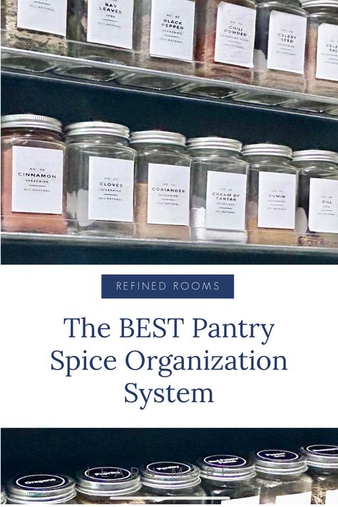 rows of organized labeled spice jars on a wall. Walk In Pantry Spice Rack, Spice Organization Pantry, Small Fridge Organization, Spice Rack Storage, Under Kitchen Sink Organization, Small Pantry Organization, Kitchen Sink Organization, Getting Organized At Home, Spice Jar Labels