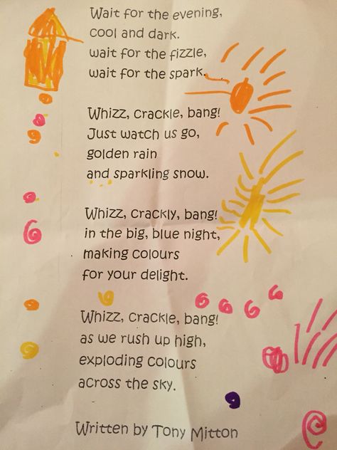 Bonfire Night Poem by Tony Mitton Bonfire Night Poem, Eyfs Fireworks, Firework Poems, Fireworks For Kids, Bonfire Night Crafts, Gruffalo Activities, Speech Therapy Free, Afternoon Activities, Poem For Kids