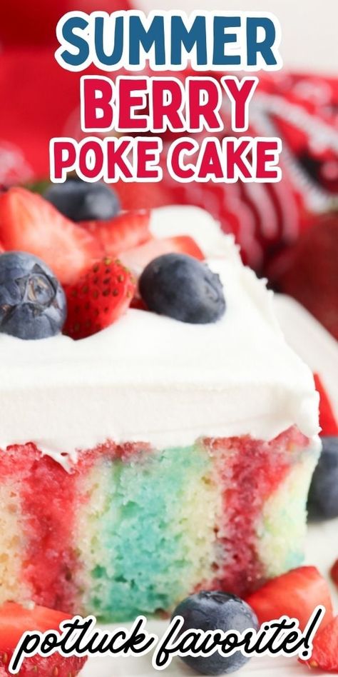 This delicious, moist Berry Poke Cake recipe with fresh strawberries and blueberries is infused with vibrant jello flavors making an eye catching, fluffy dessert cake. So easy to make, with a whipped topping, poke cakes are great for serving at summer gatherings like cookouts, bbq's, picnics, birthdays and potlucks! Berry Poke Cake, Poke Cake Jello, Blue Jello, Super Easy Desserts, Dream Whip, Jello Cake, Work Food, Patriotic Food, Patriotic Desserts