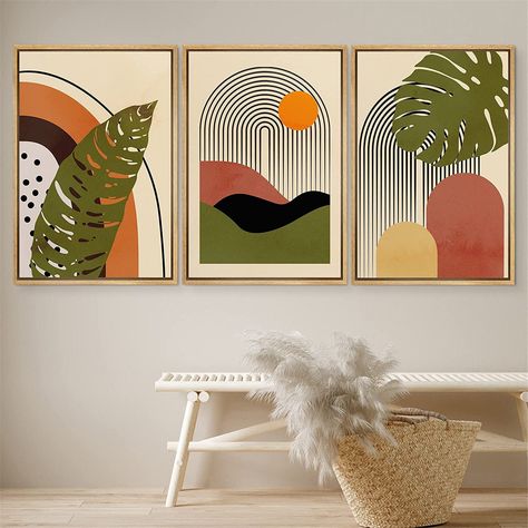 Set of 3 Boho Sun Print Framed Canvas Wall Art for Mid Century Modern Home Decoration *Size per panel: 16W x 24H x 1.5D Inches / 24W x 36H x 1.5D Inches   *Frame color: Shown in images   *High Quality modern giclee artwork. Printed on durable canvas and stapled to durable, shrink-resistant frames.   *DustinWay's artwork is an amazing gift for family, friends or any loved one. Perfect for holidays like Christmas, Mother's Day, or Valentine's Day. Also great for special occasions like birthdays, w Painting For Cafe, Cafe Nails, Tropical Art Deco, Nature Illustrations, Desert Dunes, Mid Century Modern Wood, Boho Sun, Wall Art Watercolor, Kid's Bedroom