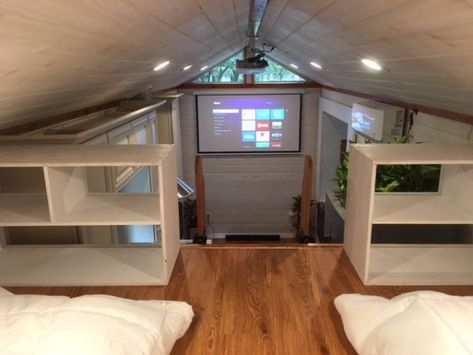 Jarids 32ft Tiny House in Florida 00b7 Can see TV from den and loft. Tiny House Tv Ideas, Tiny Portable Houses, Loft Bedroom Tiny House, Shed Loft Bedroom, Cozy Loft Ideas Upstairs, Tiny House Loft Bedroom Ideas, Tiny House Loft Bedroom, House In Florida, Vinyl Window Trim