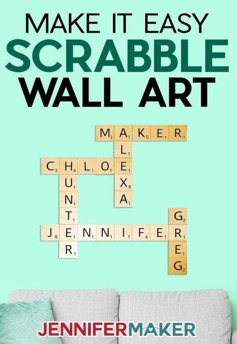 Make large Scrabble tile wall art with wood and vinyl easy! Free SVG cut file and full instructions to make this on your Cricut at home! Custom Wall Design, Large Scrabble Tiles, Scrabble Tile Wall Art, Jennifer Maker, Scrabble Wall Art, Scrabble Wall, Wall Art Diy, Longest Word, Tile Wall Art