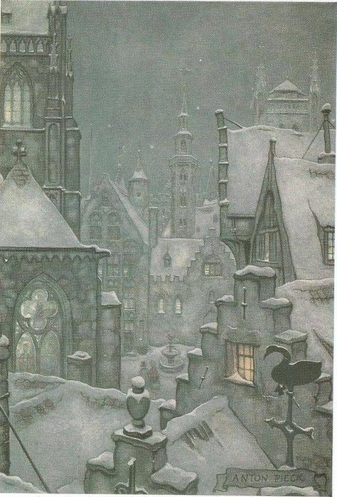 Door Illustration, Anton Pieck, Dutch Painters, Odaiba, Fantasy City, Winter Scenery, Dutch Artists, Winter Art, Rooftops