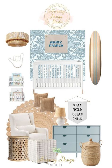 Gender Neutral Coastal Nursery, Modern Ocean Nursery, Baby Boy Ocean Theme Nursery, Coastal Nursery Ideas, Ocean Nursery Theme, Beachy Nursery, Florida Nursery, Beach Theme Nursery, Surf Bedroom