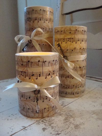 music wrapped LED candles Music Candle, Sheet Music Crafts, Piano Recital, Decoration Shabby, Old Sheet Music, Music Crafts, Music Decor, Music Party, Music Themed