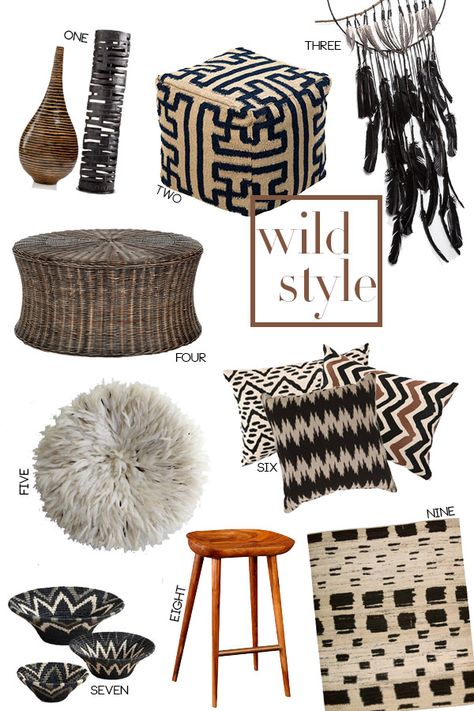 UPDATE: A lot of the items are no longer available. I have decided revamp the post and link to some items that are similar in style. Enjoy! I'm really into earth tones and global inspired decor right now. I put together this beautiful collage of nine items that I call wild style. What's you Global Inspired Decor, Global Home Decor Style, African Interior Design, African Inspired Decor, Global Decor, African Interior, Ethnic Home Decor, Global Home, African Home Decor