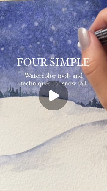 Bree Copley on Instagram: "Here are 4 simple tools and techniques I use to create snowfall with watercolor. You can use them individually or all together like I did to create whimsical winter watercolor landscapes! 💛💛 SHARE with anyone who wants to learn! 1. SALT! It’s one of my favorites to use! I find that sea salt works best. HOW TO USE : apply salt to WET or DAMP paint. The salt will soak up the paint in the areas it is applied to and will leave you will a beautiful negative bloom. Experiment with the size of salt you use. Rock salt will create even bigger blooms and once removed they often look like little snowflake crystals. Only Remove salt once painting is COMPLETELY DRY! 2. Damp q-tip: most people have these in their home so it’s a great tool to use in various ways Watercolor Snow Scenes Easy, Simple Watercolor Techniques, Salt Technique Watercolor, Watercolour Painting Christmas Card, Learn To Paint Watercolor, Watercolor Wet On Wet Technique, Snowflake Watercolor Paintings, Winter Watercolor Art, Watercolor Salt Painting