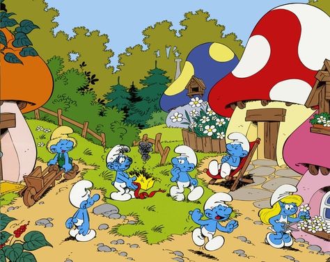 The Smurfs village Smurfs Village, Smurf Village, Fox Crafts, The Smurfs, Morning Cartoon, 80s Cartoons, Cartoon Background, Classic Cartoons, Cool Cartoons