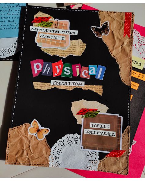 Physic Project Cover Page Ideas, Project Cover Decoration Ideas School, Project Folder Design, Cover Page Decoration For Project, Arts Notebook Cover Ideas, Design Ideas For Notebook Cover, Mapeh Notebook Cover Design, Scrapbook Front Page Ideas For School, Journal Book Cover Design Diy