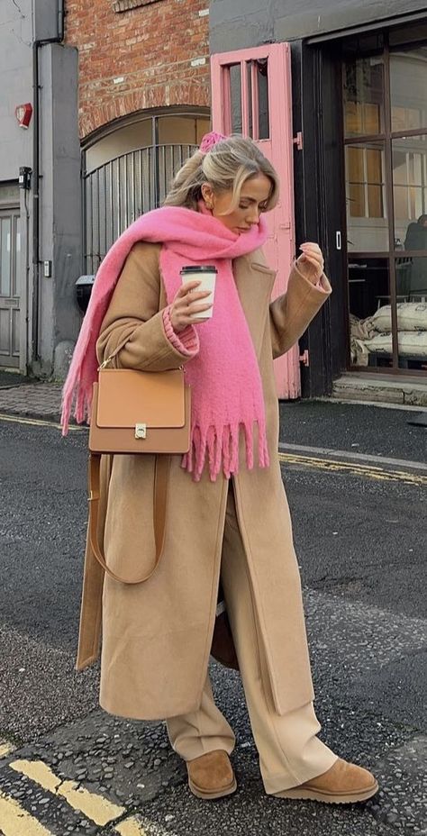 Peach Scarf Outfit, Long Cardigan Winter Outfit, Pink Top Winter Outfit, J Crew Winter Outfits, February Style Outfit, Blush Pink Coat Outfit, Hailey Bieber Scarf, Effortless Beauty Aesthetic, Spring Colors Outfits