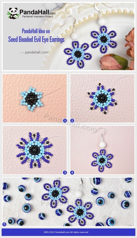 Beautiful Beaded Earring, Diy Seed Bead Earrings, Bead Crafts Diy, Beaded Earrings Tutorials, Bead Embroidery Tutorial, Bead Weaving Patterns, Beaded Jewelry Tutorials, Evil Eye Earrings, Handmade Jewelry Tutorials