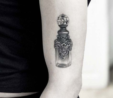 Perfume tattoo by Victor Del Fueyo | Post 26482 Perfume Bottle Tattoo Design, Antique Bottle Tattoo, Vile Tattoo, Vintage Perfume Bottle Tattoo, Perfume Tattoos, Aqua Tofana Tattoo, Love Potion Tattoo, Perfume Tattoo, Tattoo Perfume