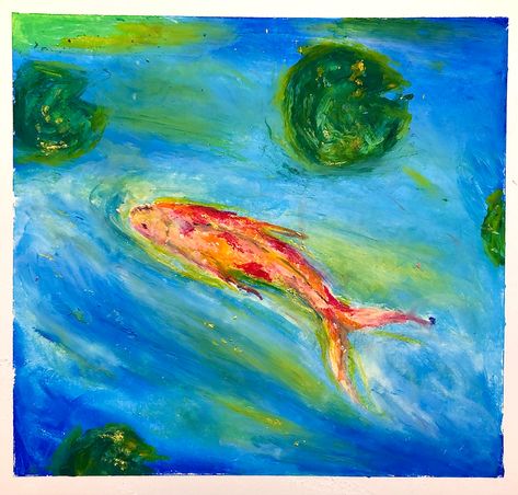 #oilpastelart #pond #art koi fish Koi Oil Pastel, Koi Fish In Pond Drawing, Gouche Painting Koi Fish, Fish In Pond Painting, Pond Art, Koi Fish Lotus Pond Painting, Chalk Pastel, Koi Fish Pond, Oil Pastel Art