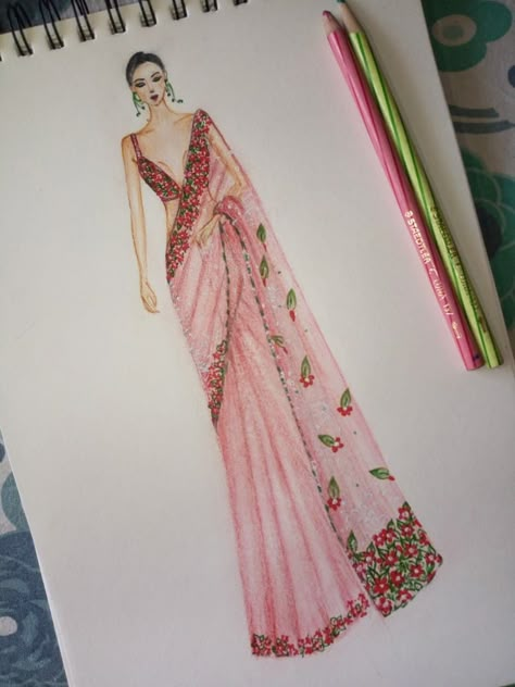 Saree Illustration Fashion Sketch, Saree Sketches Fashion Illustration, Saree Drawing Sketches, Sari Sketch, Saree Illustration Sketch, Saree Design Drawing, Saree Fashion Illustration, Saree Illustration, Saree Sketch