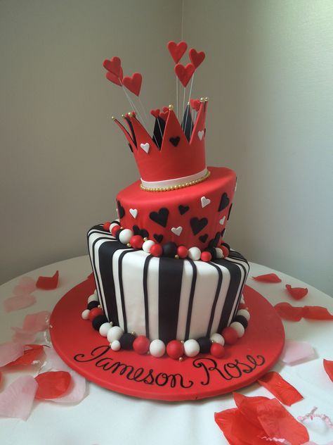 Queen of Hearts cake for 1st Birthday Party, by Couture Cakes, Inc. Queen Of Hearts Cake, Cake For 1st Birthday, Heart Shaped Birthday Cake, Mad Hatter Cake, Poker Cake, Hearts Cake, Birthday Cake Roses, Heart Birthday Cake, Red Birthday Party