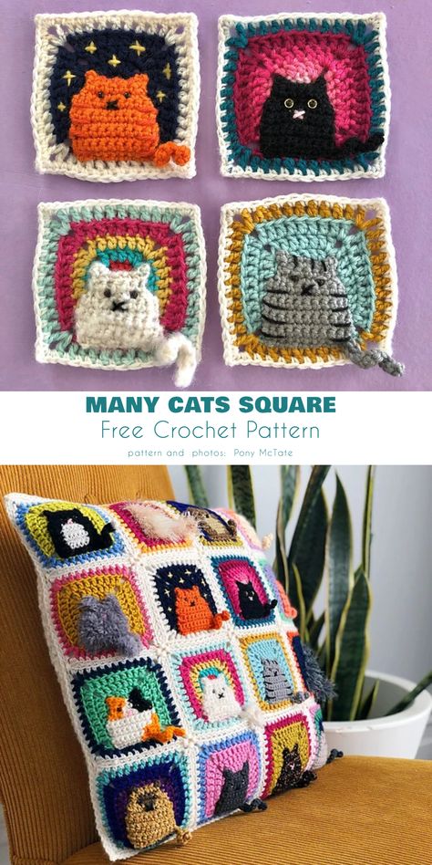 Many cats square free crochet pattern. 2024 Crochet, Kat Haken, Crocheted Squares, Squares Crochet, Crochet Headbands, Granny Square Crochet Patterns Free, Crochet Cat Pattern, Crochet Vintage, Crochet Square Patterns