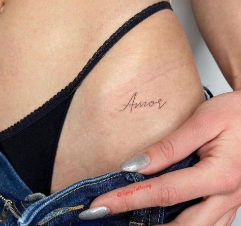 Italian Word Tattoos For Women, Amor Tattoos For Women, Small Intimate Tattoo, Amore Tattoo Fonts, Intimate Tattoos For Women, December Tattoos Ideas, Tattoo Inspiration Women, Amor Tattoo, Secret Tattoo