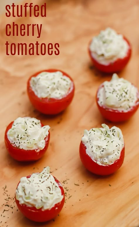 Stuffed Cherry Tomatoes Party Appetizer. These are great for Kentucky derby party because of the Southern benedictine filling.  - Celebrations at Home Stuffed Cherry Tomatoes Recipes, Kentucky Derby Veggie Tray, Stuffed Tomatoes Recipes Cold, Cocktail Tomatoes Recipe, Stuffed Tomatoes Appetizer, Stuffed Cherry Tomatoes Appetizers, Red Appetizers For Party, Muffin Appetizers, Stuffed Tomatoes Recipes