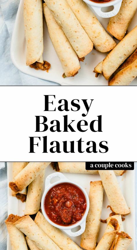 These oven baked flautas are filled with a zesty refried bean and cheese filling! Similar to taquitos, they can be made with either flour or corn tortillas. #flautas #taquitos #mealprep #mexican #snack Taquitos With Rice And Beans, Bean And Cheese Flautas, Flour Taquitos Baked, Flautas With Flour Tortillas, Flautas Recipe Flour Tortillas, Bean Taquitos Baked, Refried Beans Taquitos, Baked Flautas Corn Tortillas, Oven Flautas