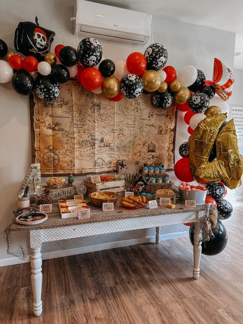 Pirate 4th birthday party Jake Pirate Birthday Party Ideas, 3rd Birthday Pirate Party, Pirate Themed 1st Birthday Party, Diy Pirate Birthday Party, Pirate Birthday Balloons, Pirate Birthday Decorations, Pirate Toddler Birthday Party, Toddler Pirate Party, Pirate 3rd Birthday Party