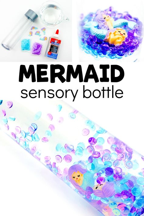 Mermaid Sensory Bottle to Wow the Kids - Fun-A-Day! Preschool Winter Math, Little Mermaid Crafts, Mermaid Sensory, Preschool Supplies, Toddler Projects, Valentine Art Projects, Sensory Bottle, Mermaid Toys, Mermaid Kids