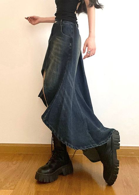 Patchwork Denim Skirt, 2000s Clothes, Nature Dress, Denim Midi Dress, Distressed Denim Skirt, Denim Chic, Denim Skirt Women, Long Skirts For Women, Retro Mode