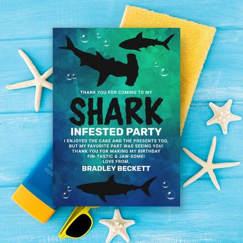 Shark Infested Any Age Birthday Party Thank You Card | #modern #birthday #anyagebirthday #underthesea #shark #poolparty #beachparty #swimming #aquarium #fin-tastic Shark Themed Birthday, Shark Birthday Invitations, Modern Birthday, Pool Party Invitations, Birthday Thank You Cards, Birthday Blessings, Shark Birthday, Party Invites, Birthday Design