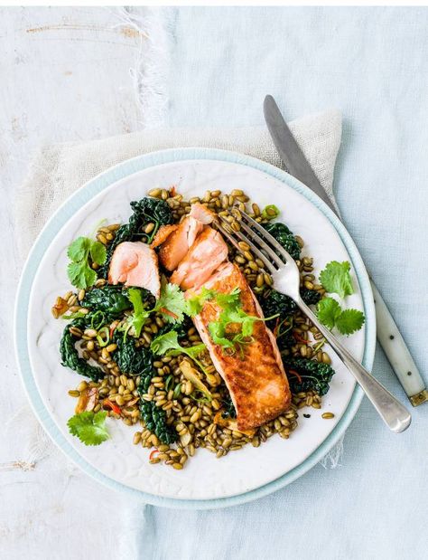 Crispy salmon with freekeh and cavolo nero recipe | Sainsbury's Magazine Gordon Ramsay Salmon, Cavolo Nero Recipe, Crispy Salmon Recipe, Crispy Salmon, Recipes Fish, Main Course Dishes, Enjoy Your Meal, Cooking Advice, Mustard Greens