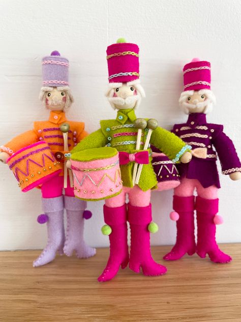 Colourful Christmas Nutcracker ballet ornament Christmas decor Felt Nutcracker Ornaments Diy, Sewn Christmas Gifts, Nutcracker Drummer, 12 Drummers Drumming, Embroidery Christmas Ornaments, Drummers Drumming, Felt Templates, Felt Sewing, Felt Ornaments Patterns