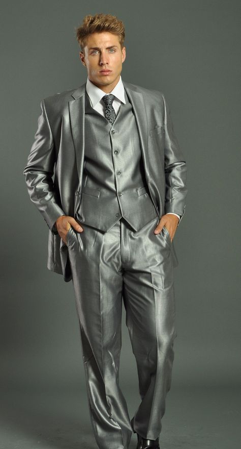 grey shiny 1 Suit And Tie Men, White Shirt With Tie, Grey Slim Fit Suit, Satin Suits, Sophisticated Man, Metrosexual Men Fashion, Suits Formal, Shark Skin, Satin Suit